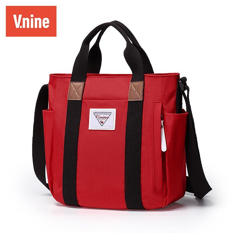 第九城（V.NINE）包包女包韩版百搭单肩包锦纶日系撞色时尚大容量手提女士斜挎包_1 红色