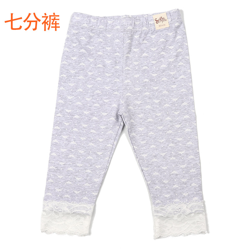 迪士尼婴童裤子苏菲亚女童印花打底裤6岁-12岁100cm-140cm 皇冠满印蕾丝七分裤麻灰 身高100/腰围50