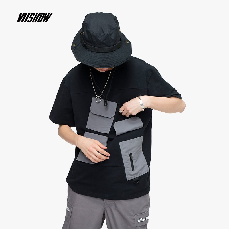 viishow2019夏季新款短袖T恤男韩版圆领半袖男士多口袋个性上衣_1 185/XXL 黑色