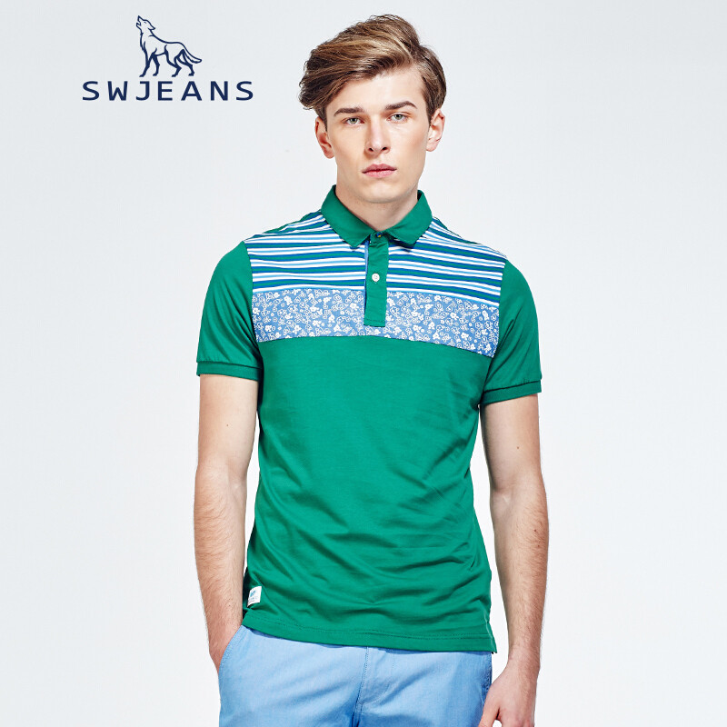 SWJEANS七匹狼青年男装休闲短袖T恤男条纹修身翻领纯棉POLO衫夏_2 165 深绿