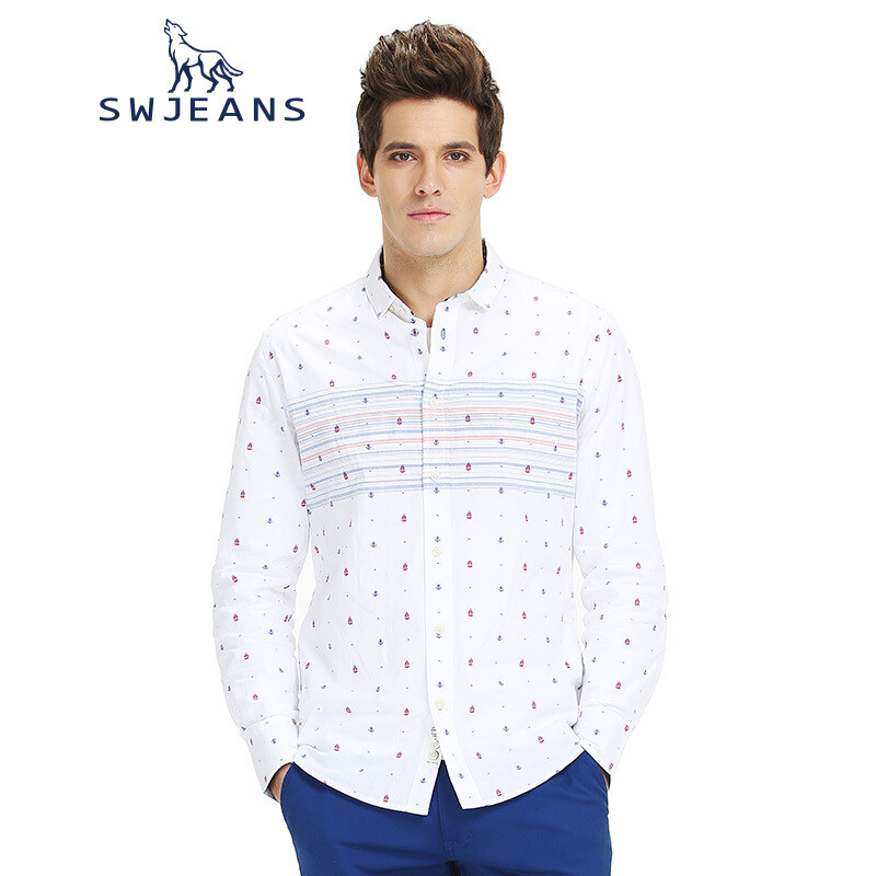 SWJEANS七匹狼青年男装新款休闲衬衫条纹印花翻领长袖衬衣潮本白_1 170 默认颜色