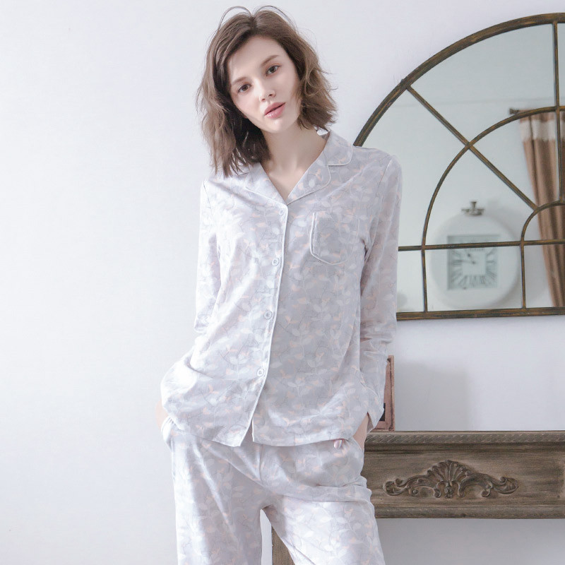 爱帝春季休闲睡衣女士扣针织棉粉色长袖长裤家居服套装 灰色 XXL
