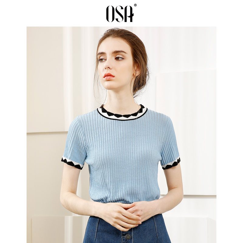 OSA欧莎2019春装新款韩版时尚修身显瘦短袖百搭套头毛针织衫女 XXL 灰蓝色