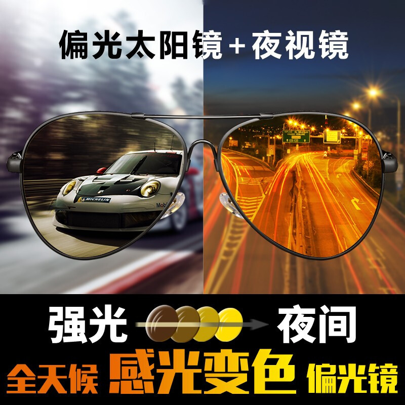 雷迪森黑科技酷点智能感光变色偏光镜成人夜视眼镜开车专用晚上日夜多用夜视神器防远光灯眼镜2150变色镜 黑框变色黄片