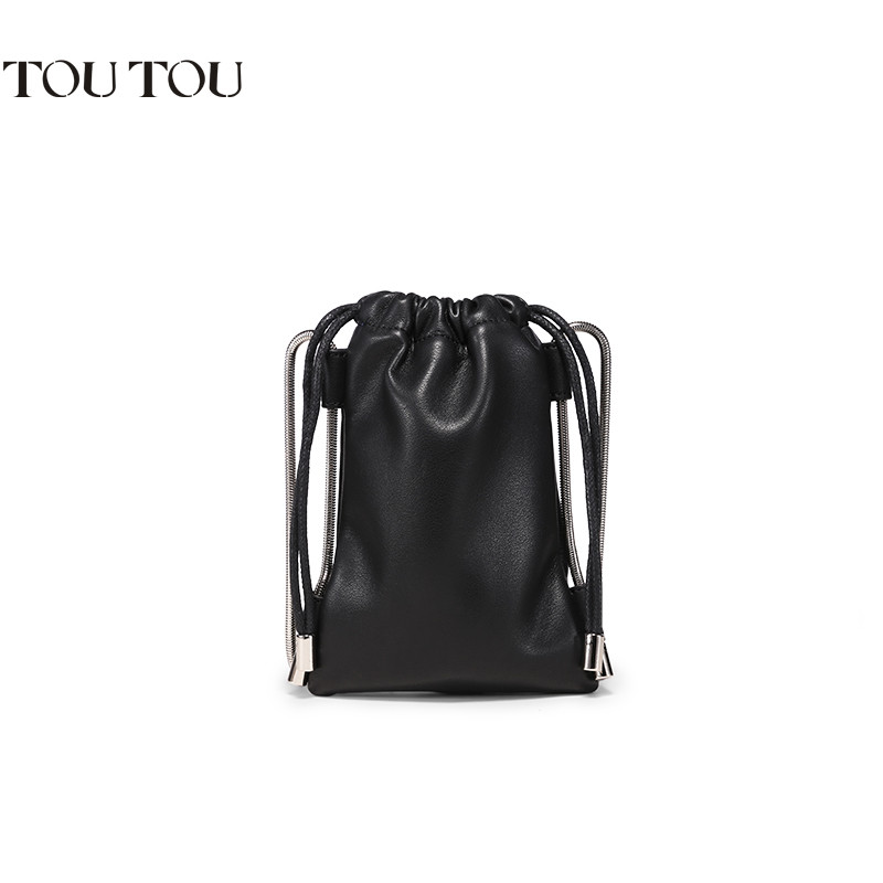 TOUTOU手机包包女2019春夏新款抽绳迷你chic百搭链条包单肩斜挎包 子夜黑