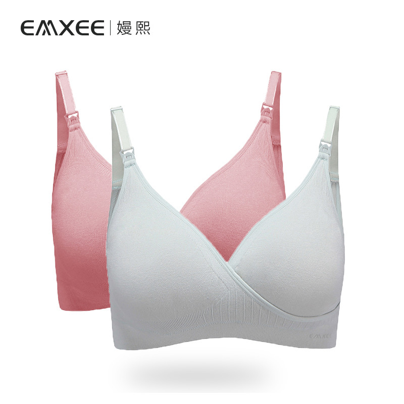 嫚熙（EMXEE）哺乳文胸无钢圈孕妇内衣舒适型聚拢防下垂喂奶上开扣（组合） 浅绿+豆沙红 S