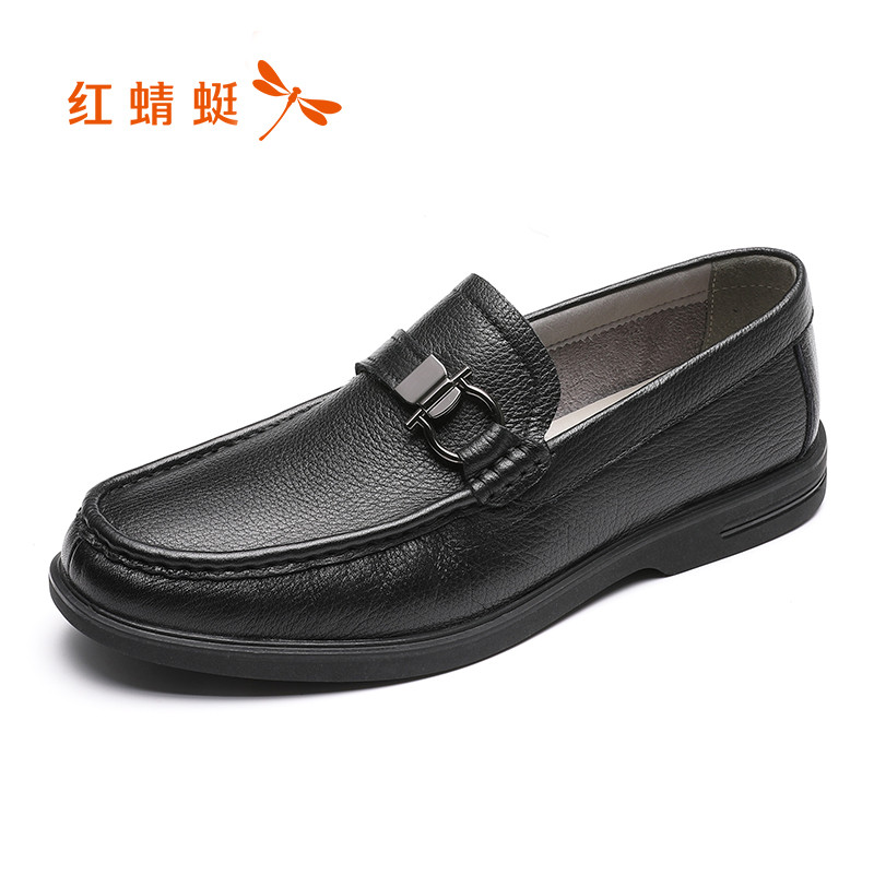 红蜻蜓男鞋2019春季新款百搭懒人鞋韩版潮流休闲鞋真皮套脚豆豆鞋 黑色 42码