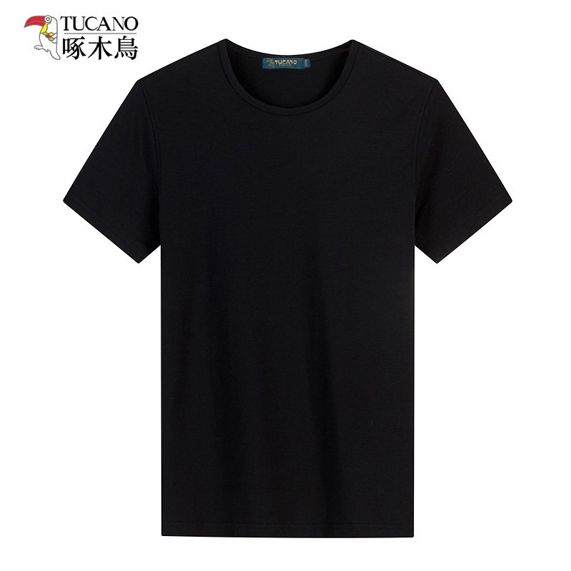 啄木鸟短袖T恤男薄款2019夏季款纯色半袖圆领衣服男中年短袖体恤_9 190/104A 黑色（圆领）
