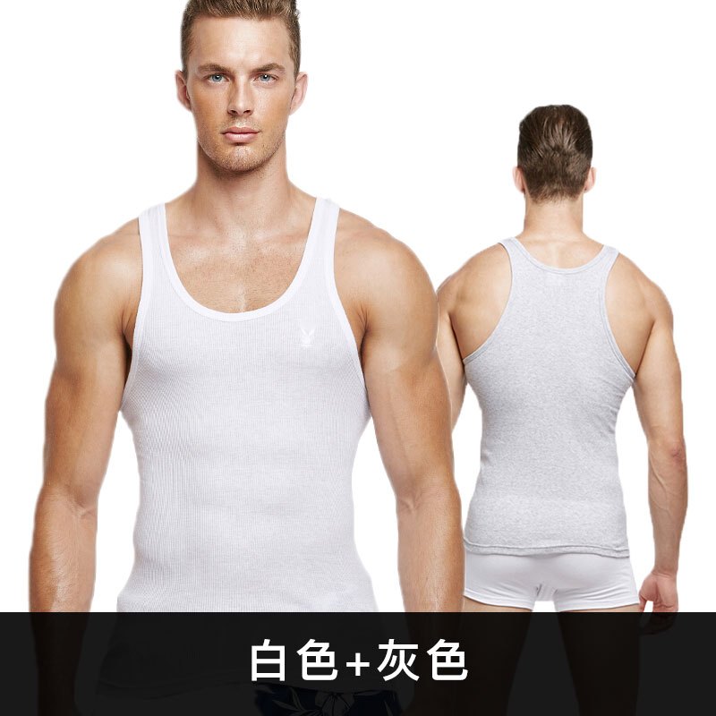PLAYBOY花花公子男背心纯棉全棉背心男士修身紧身健身运动汗背心夏男背心7119 2件装 白色+灰色 XXXL185
