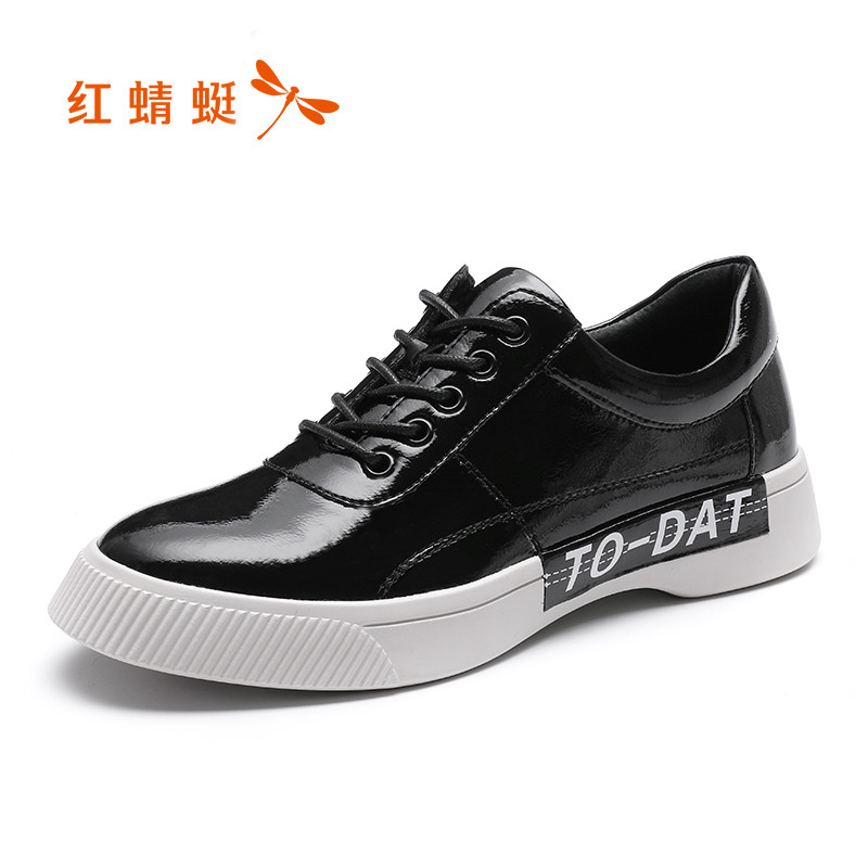 红蜻蜓女鞋2019年春夏新品圆头休闲单鞋系带防水台厚底板鞋小白鞋 黑色 37码