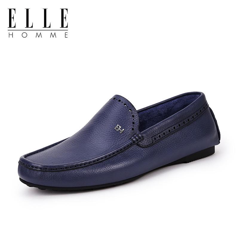 ELLEHOMME2019春季新款真皮男鞋头层牛皮男士休闲鞋乐福鞋_1 蓝色-HKD11192516 43码