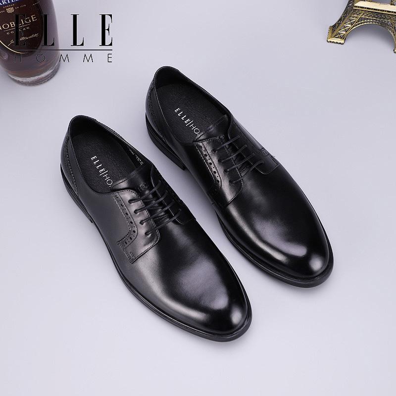 ELLEHOMME2019新款男士真皮正装鞋商务鞋皮鞋头层牛皮低帮鞋子男_1 黑色-HLZ77194210 37码