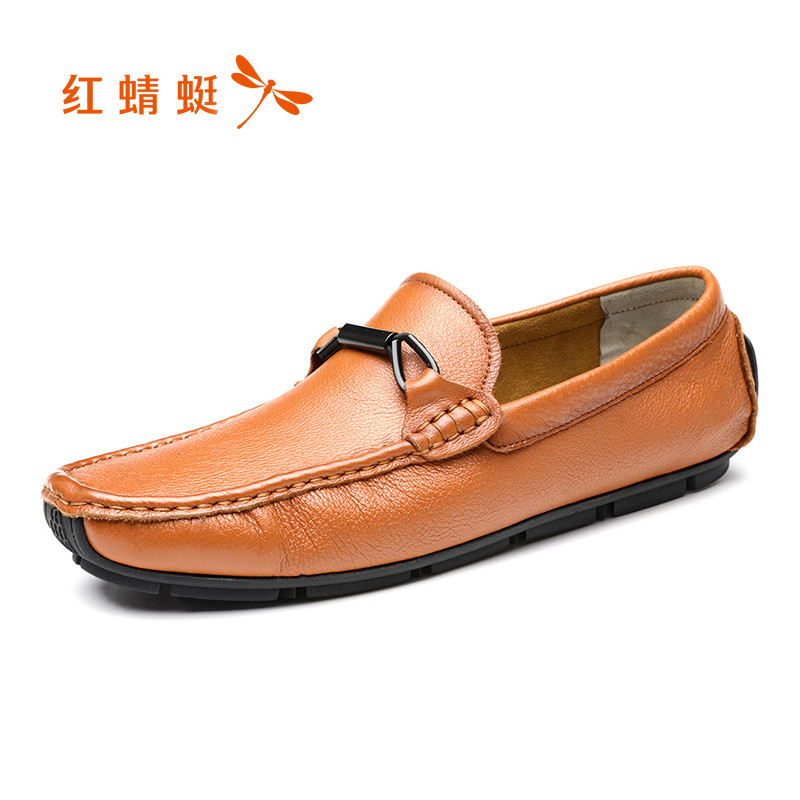 红蜻蜓男鞋2019夏季新款豆豆鞋韩版潮流真皮小白鞋舒适透气休闲鞋 黄棕色 41码