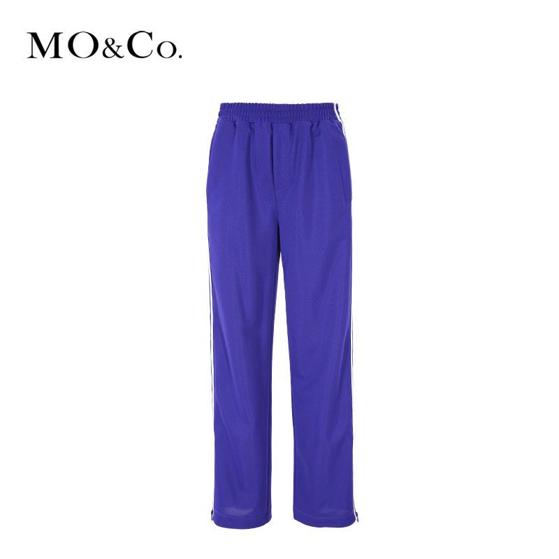 MOCO2018春季橡皮筋装饰边开衩直筒运动休闲裤 S/160 紫蓝色
