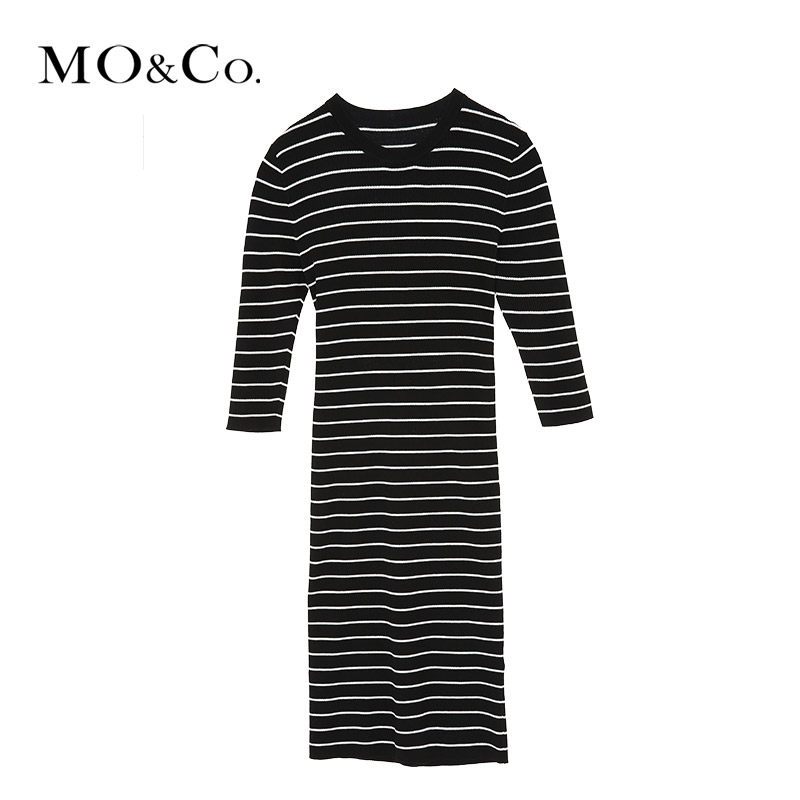 MOCO简约圆领交叉露腰露背条纹连衣裙摩安珂 S/160 黑白条色