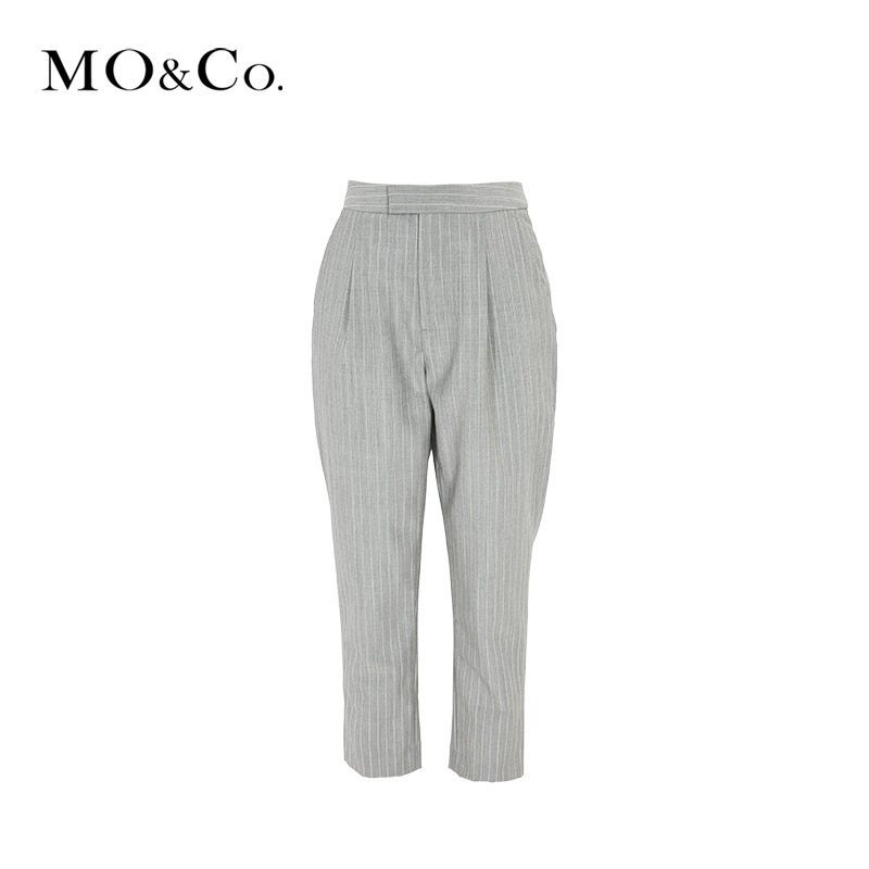 MOCO2018春季羊毛高腰直筒九分条纹西装休闲裤 S/160 灰白条色