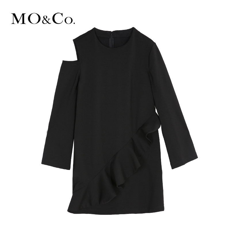 MOCO2018春季单边露肩荷叶边装饰连衣裙摩安珂 S/160 黑色