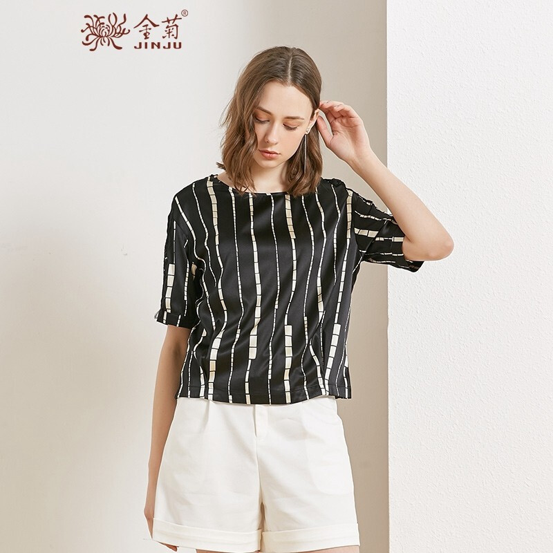 金菊2019春夏新款女装圆领真丝印花上衣女士桑蚕丝短袖T恤宽松显瘦大码装真丝上衣蕾丝拼接T XL 条纹黑