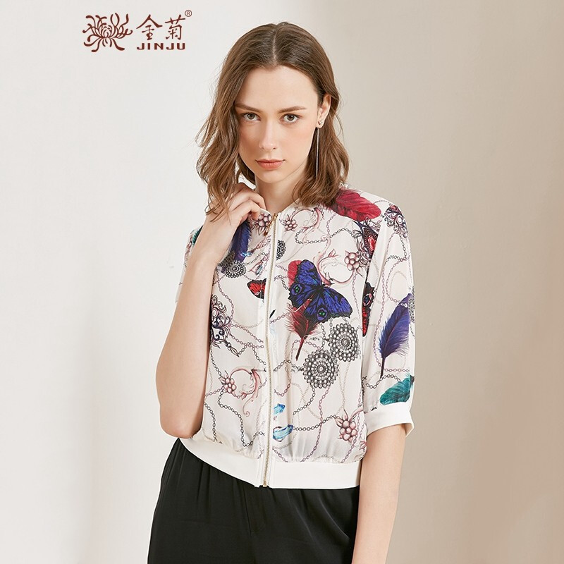 金菊2019春夏季新款女士印花真丝棒球衫时尚百搭桑蚕丝中袖短外套女拉链衫 本白 L