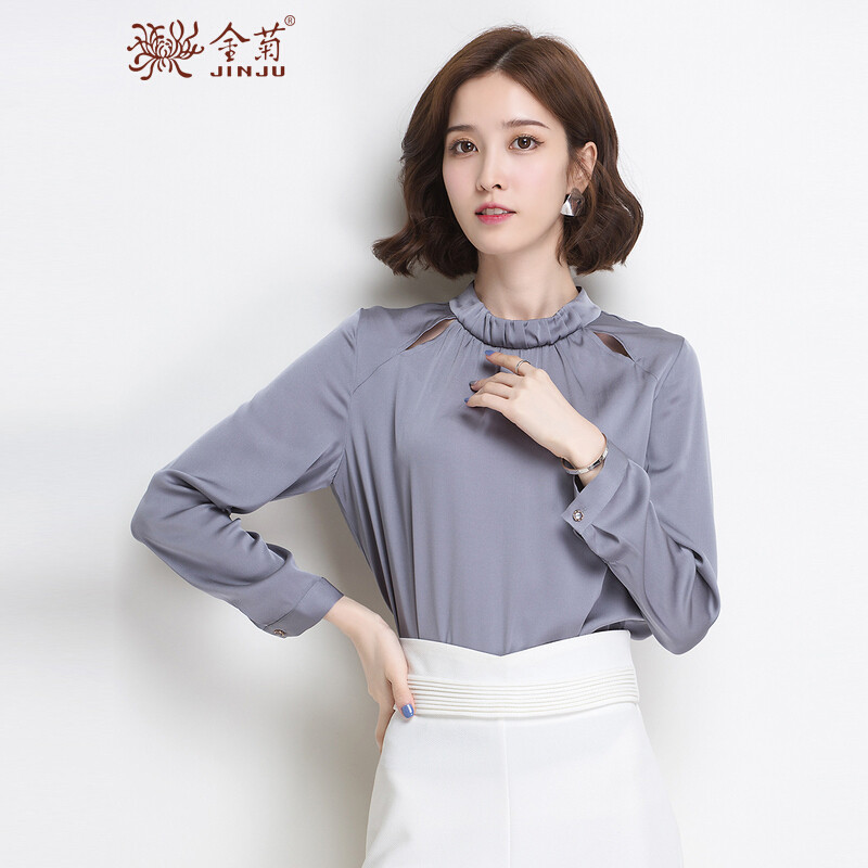 金菊女装春夏新款真丝衬衫女士圆领长袖桑蚕丝上衣女宽松显瘦真丝衬衣 深灰 L