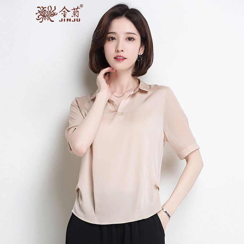 金菊春夏新款韩版修身女士真丝上衣小方领中袖T恤女桑蚕丝大码衬衫 米色 2XL