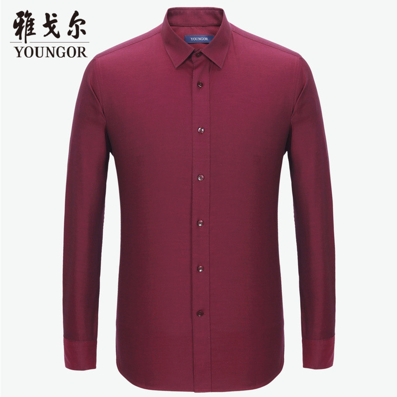 Youngor/雅戈尔男士商务正装秋季暗红素色长袖衬衫100037 41 红色
