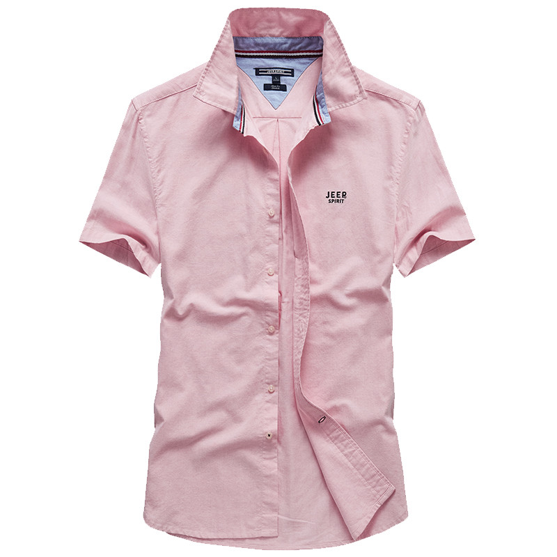 jeep吉普男装正品衣服2019夏季新款短袖衬衫男士纯棉商务休闲衬衣青年韩版潮流修身百搭纯色上衣 XXXL 粉色