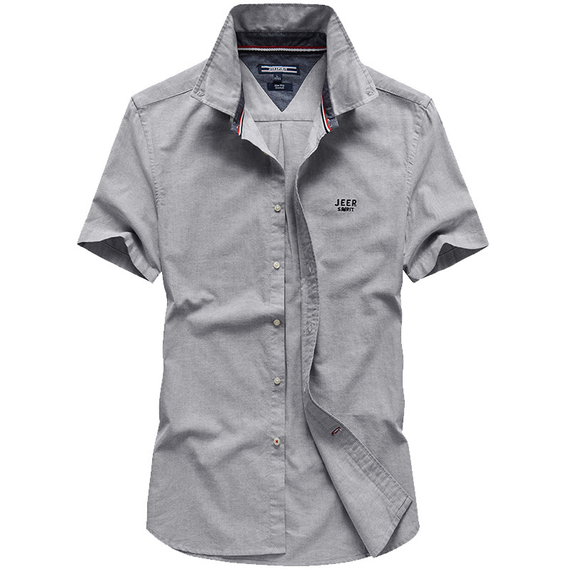 jeep吉普男装正品衣服2019夏季新款短袖衬衫男士纯棉商务休闲衬衣青年韩版潮流修身百搭纯色上衣 XXXL 灰色