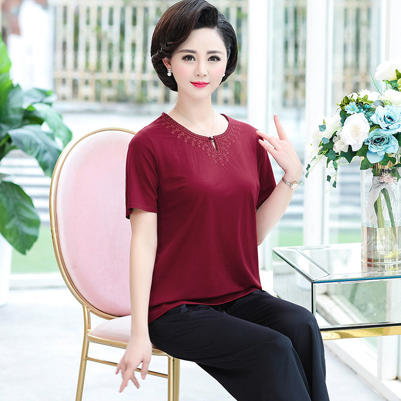 媛宿(YuanSu)妈妈夏装短袖大码两件套装中老年女装春夏装T恤衫新款洋气上衣6904 XXXXXL 红色