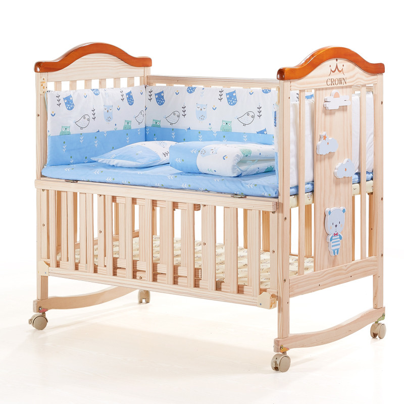 婴蓓 婴儿床实木无漆欧式新生儿BB床摇篮床宝宝多功能可变书桌拼接大床带滚轮,带蚊帐,加长加大
