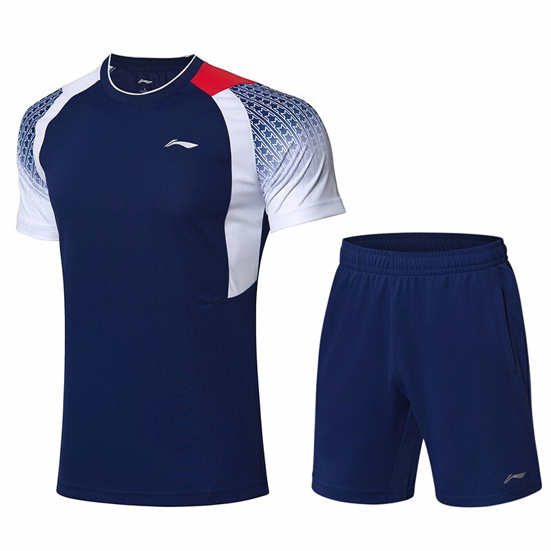 李宁（LI-NING）羽毛球服男女款聚酯纤维圆领短袖T恤短裤套装 AATP019 XXL AATP019-3男款蓝色