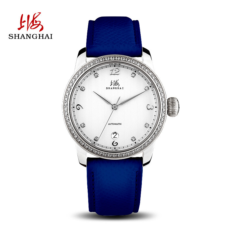 上海(SHANGHAI)手表女士手表 全自动机械表802时尚潮流镶钻防水皮带女士手表 白钢白面蓝皮带