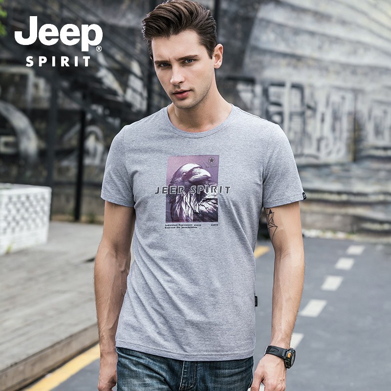 JEEP/吉普 短袖t恤男夏季大码宽松男士圆领体恤印花半袖男装上衣 3XL 灰色
