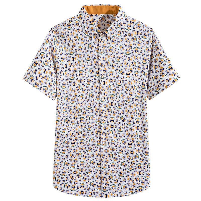 袋鼠(DAISHU)2019夏季新品 中年个性时尚修身新华 100%丝光棉短袖衬衫 DSA2N037A 185 黄花色