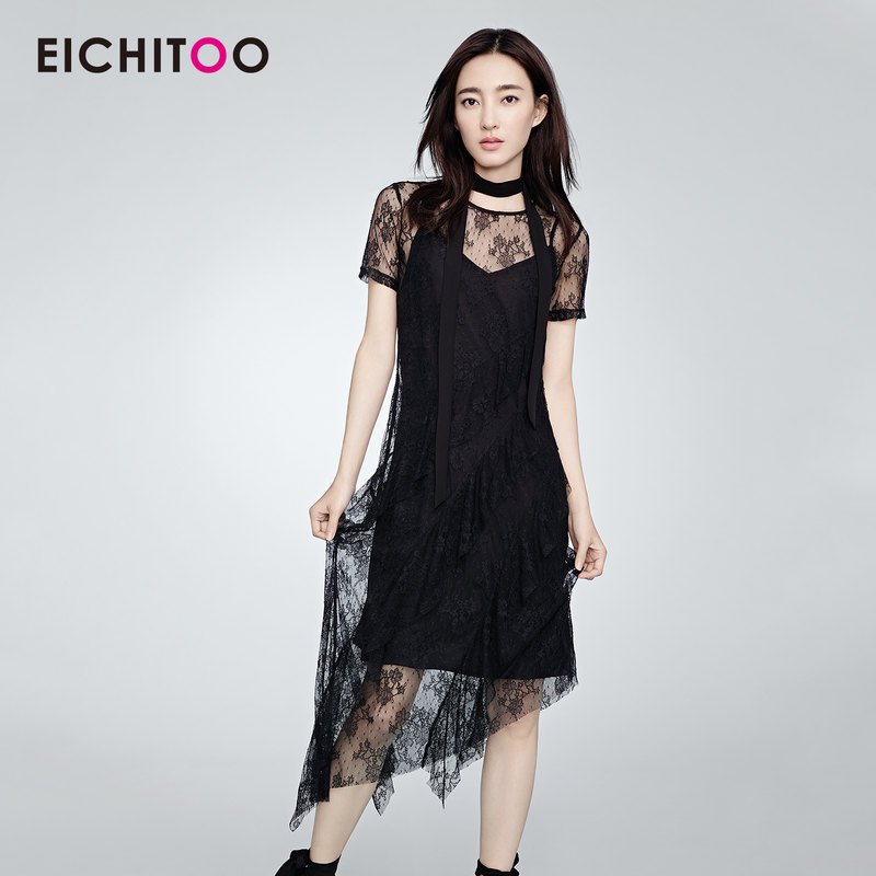 爱居兔2019夏季女装蕾丝花纹短袖中长款两件式设计连衣裙 155/80A/S 黑色09