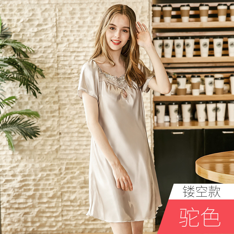 耀婷仿真丝睡衣女士夏季丝绸性感短袖睡裙女夏_1 M 驼色
