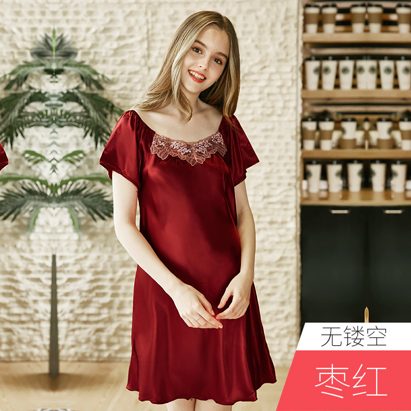 耀婷仿真丝睡衣女士夏季丝绸性感短袖睡裙女夏_1 XXL 枣红-无镂空