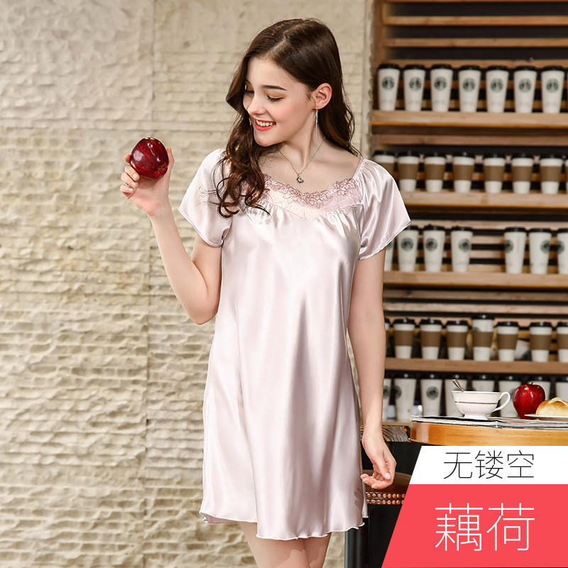 耀婷仿真丝睡衣女士夏季丝绸性感短袖睡裙女夏_1 XXXXL 藕荷-无镂空