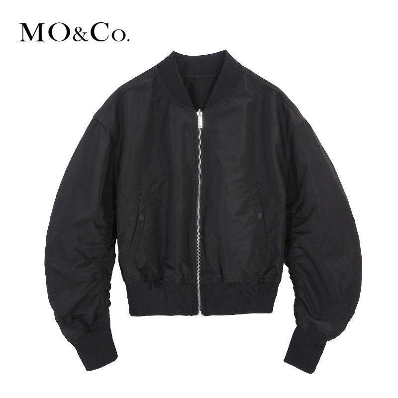 MOCO2018春季运动风立领抽褶袖棒球服外套摩安珂_1 S/160 黑色