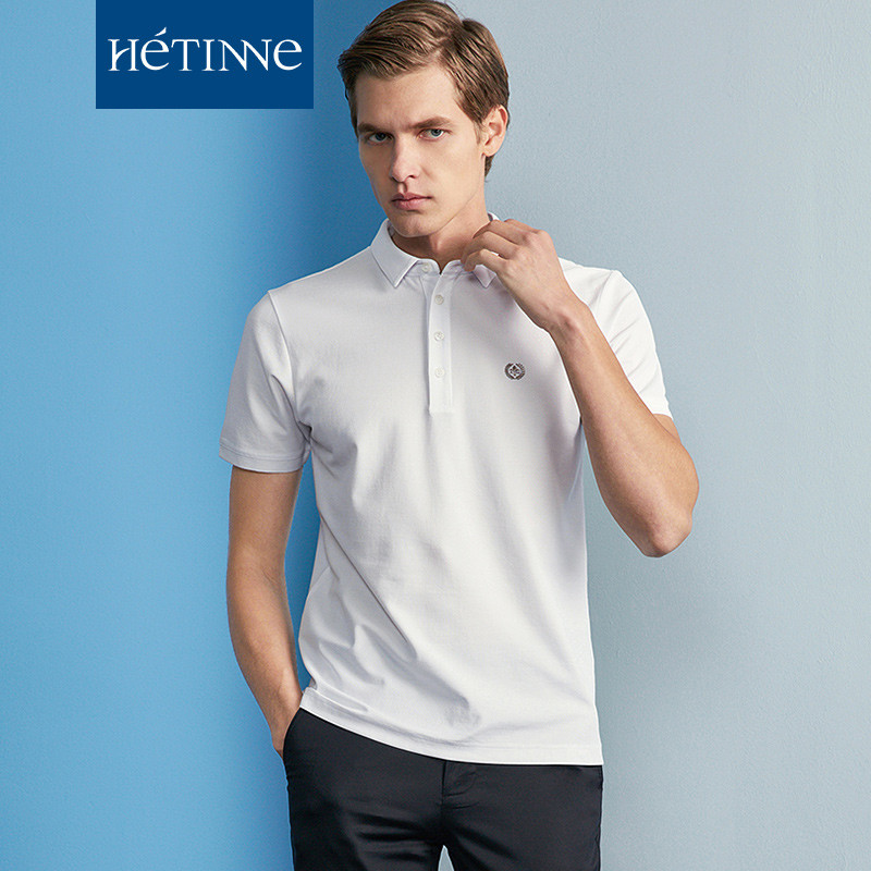轩帝尼(HETINNE)2019夏新款桑蚕丝5.4%轻奢商务男装翻领短袖T恤男POLO衫 175/92A W1白色