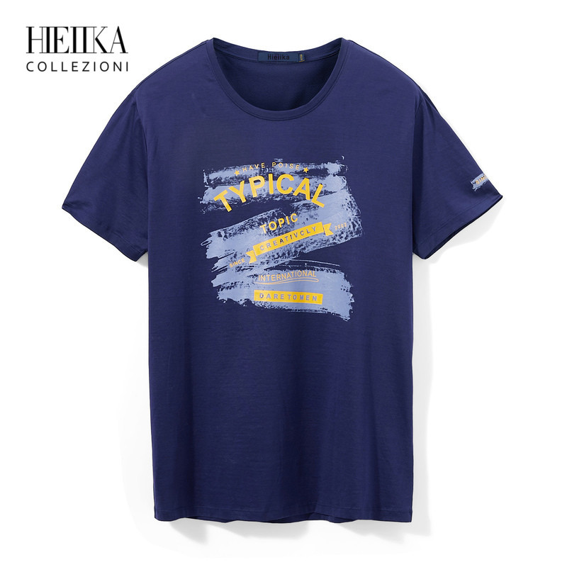Hieiika海一家男装2019夏季个性字母撞色印花丝滑休闲短袖T恤_1 165/84A/S 藏青花纹23