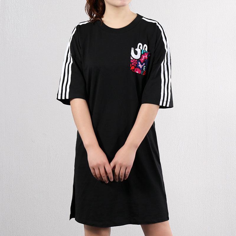 阿迪达斯三叶短袖女2019夏新款大眼睛花卉长款连衣裙T恤DV2669 S DV2669