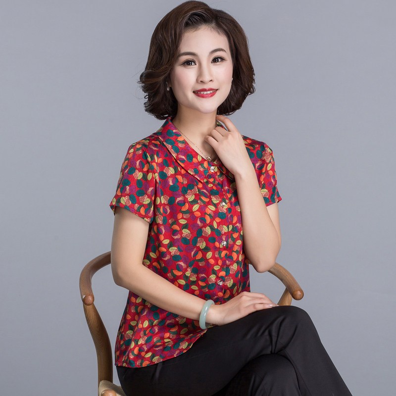 恒源祥中年女装妈妈春夏装雪纺衬衫女50岁2019新款衬衣奶奶装上衣_3 4XL 1908红色4