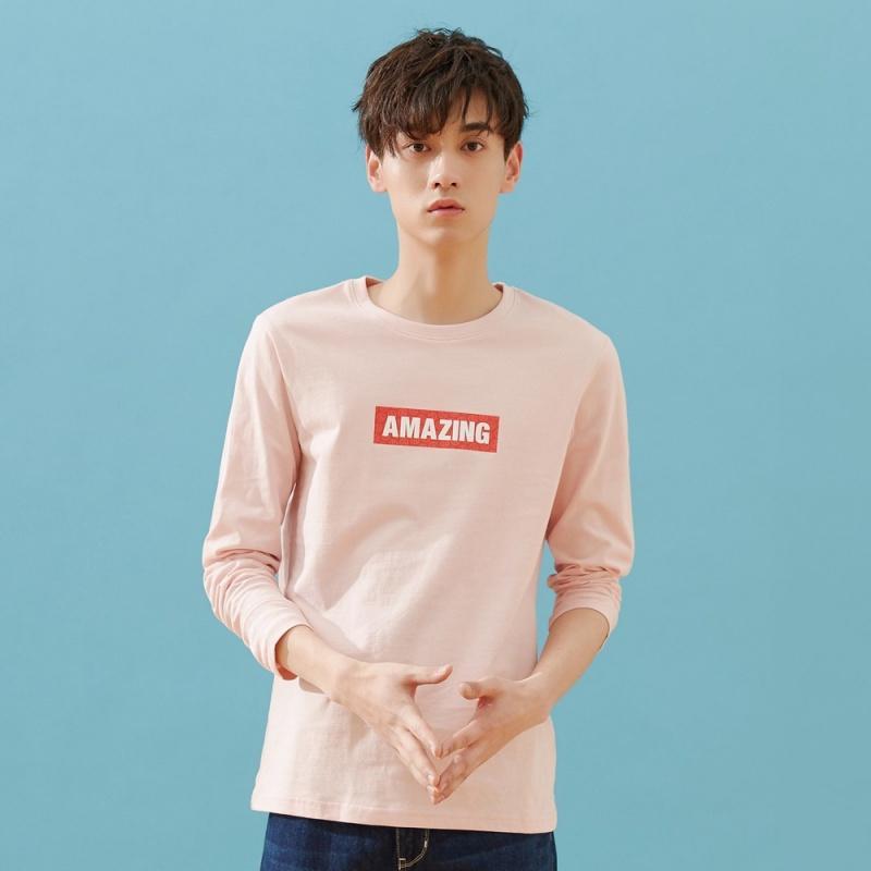 美特斯邦威长袖T恤男2019春季潮流字母圆领衣服男打底衫长袖 185/104B/XXL 冰激凌粉