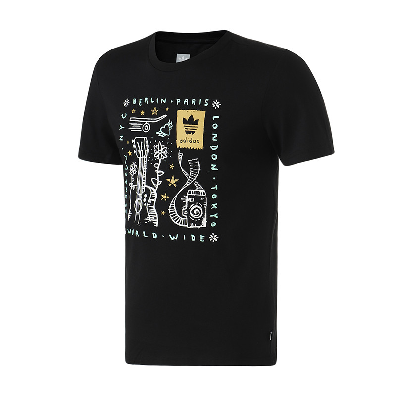 【自营】adidas阿迪达斯三叶草男装运动休闲印花LOGO圆领短袖T恤DU8391 S DU8391黑+白+浅陈金土+清澈薄荷绿