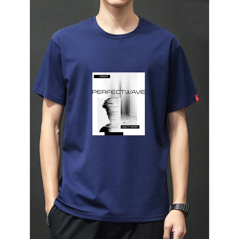 鳄鱼恤(CROCODILE) 2019新品短袖t恤男男士上衣纯棉宽松圆领体恤印花T恤打底衫潮流夏装 L 蓝色