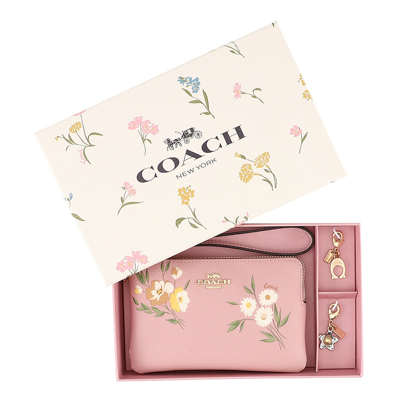 COACH 蔻驰 奢侈品 欧美时尚粉色皮革短款手拿包零钱包横款手包 女 粉色