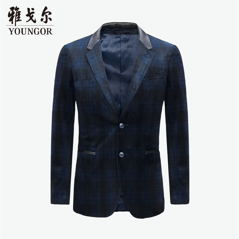 Youngor/雅戈尔冬款男士修身西服格子正装礼服单西外套5A34 170/92A 藏青色