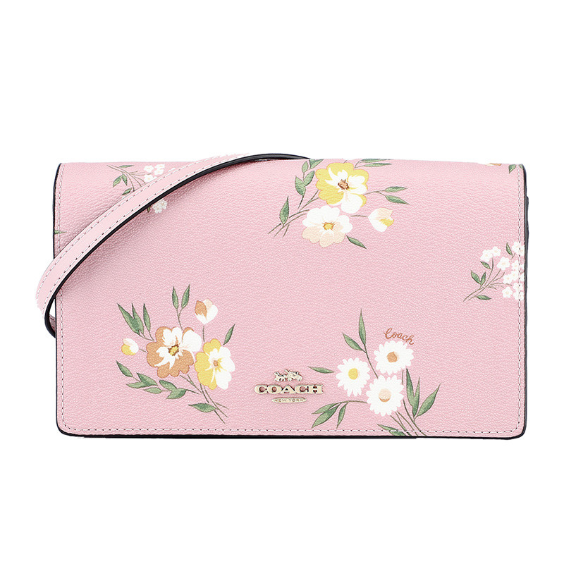 COACH 蔻驰 奢侈品女包 欧美时尚简约粉色印花人造革单肩女斜挎包潮流两用包