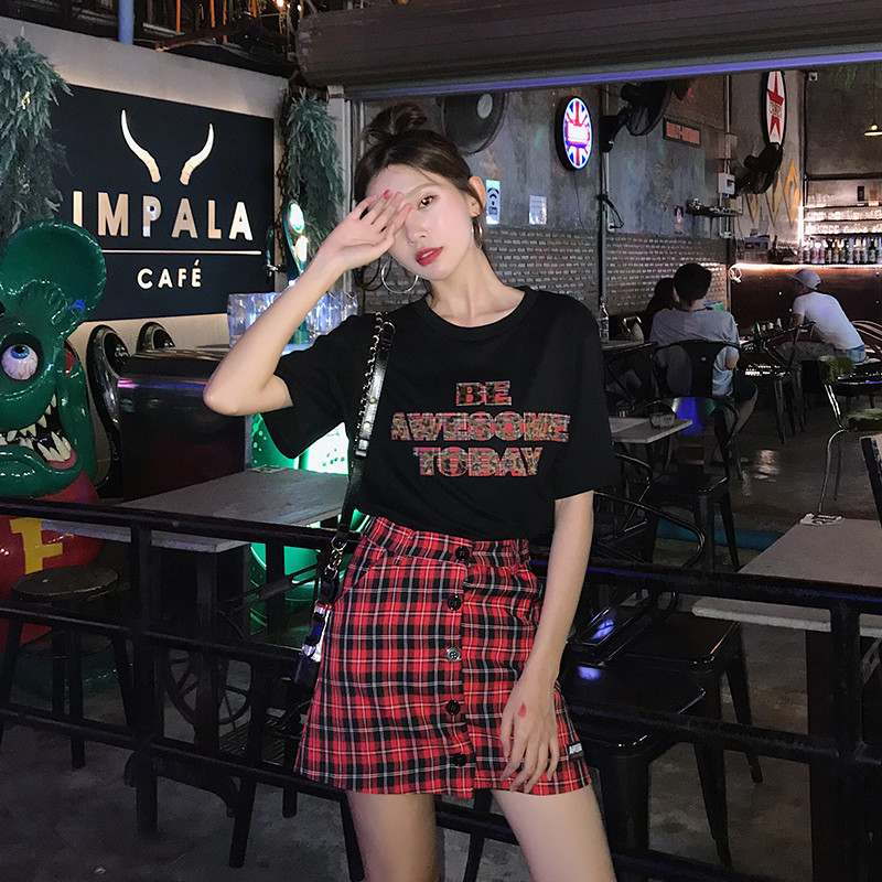 2019夏季新款字母印花圆领短袖T恤女百搭宽松bf港味上衣潮 XXL 款式颜色图案随机
